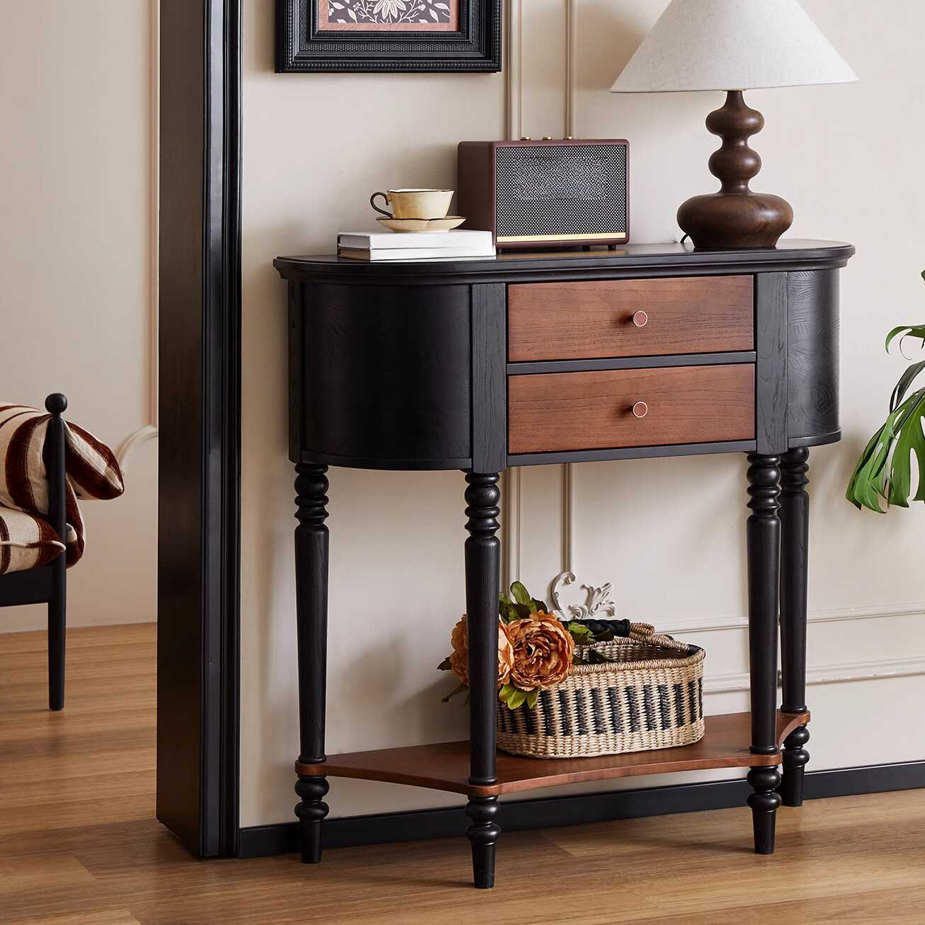 Natural Wood Semi Circle Console Table with Three Legs, 1 Cabinet, and 2 Shelves