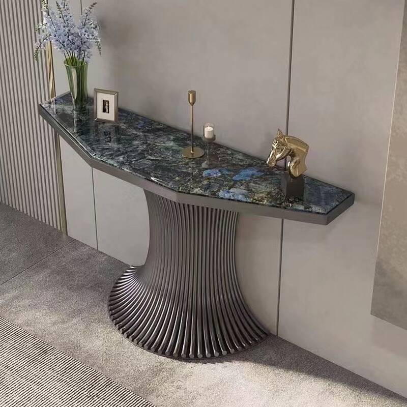 Contemporary Console Table with Cerulean/Green Sintered Stone Top on Pedestal Base, Scratch-shielded and Stain Resistant Free Form Design