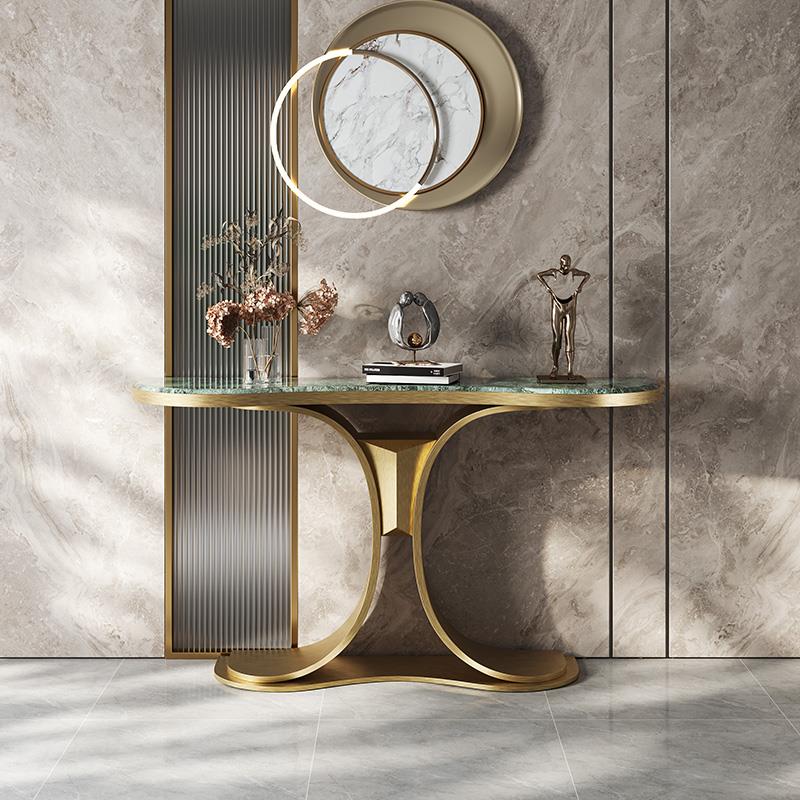 Contemporary Console Table with Scratch-shielded Sintered Stone Top, Pedestal Base, Free Form Shape, and Stain Resistance