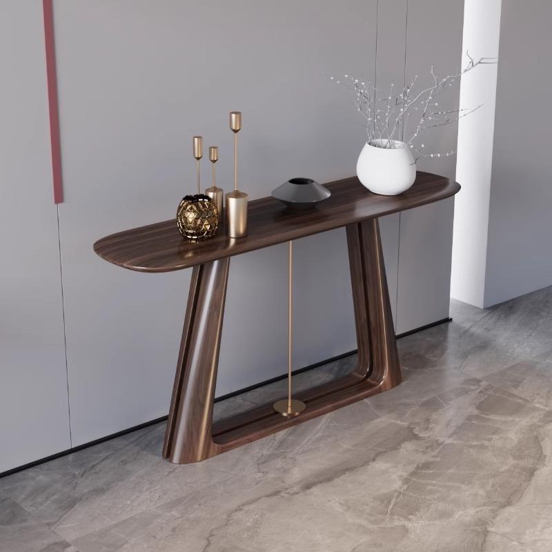 Contemporary Taupe Ash Wood Elliptical Console Table with Pedestal Base