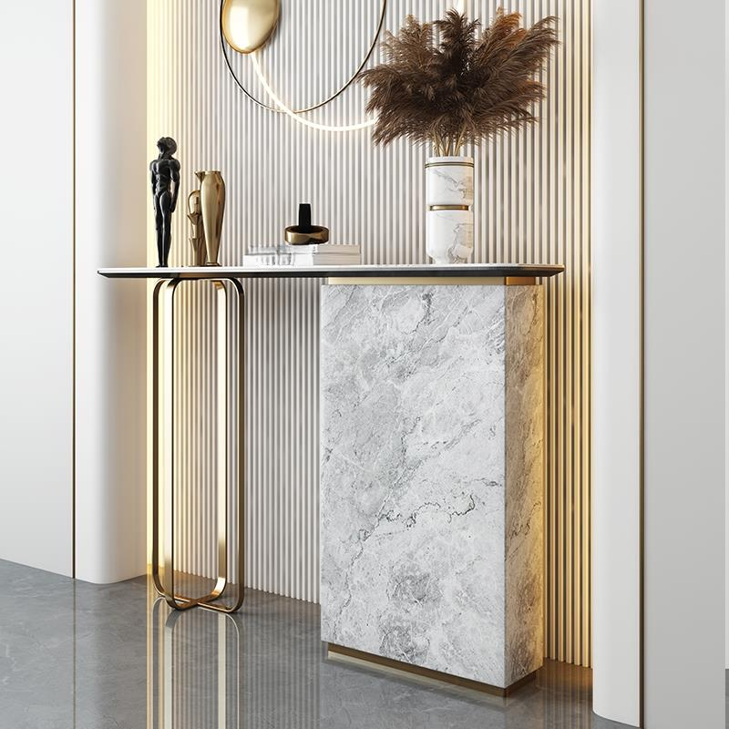 Contemporary White Sintered Stone Console Table with Dual Footing Base, Scratch-shielded Rectangle Top, Stain Resistant