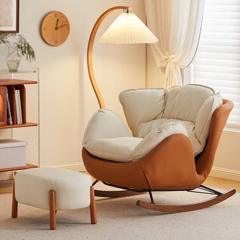 Simple Reclaimed Wood Rocking Seat with Padded Upholstery and Round Arm