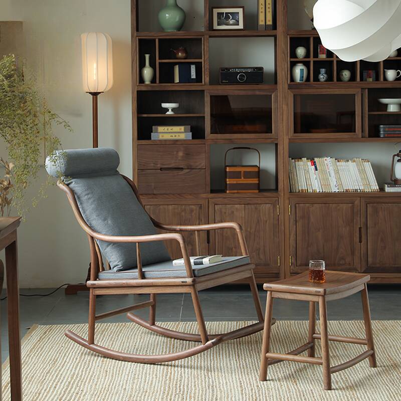 Simple Natural Wood Rocking Seat with Scratch-tolerant, Padded Upholstery and Track Arm