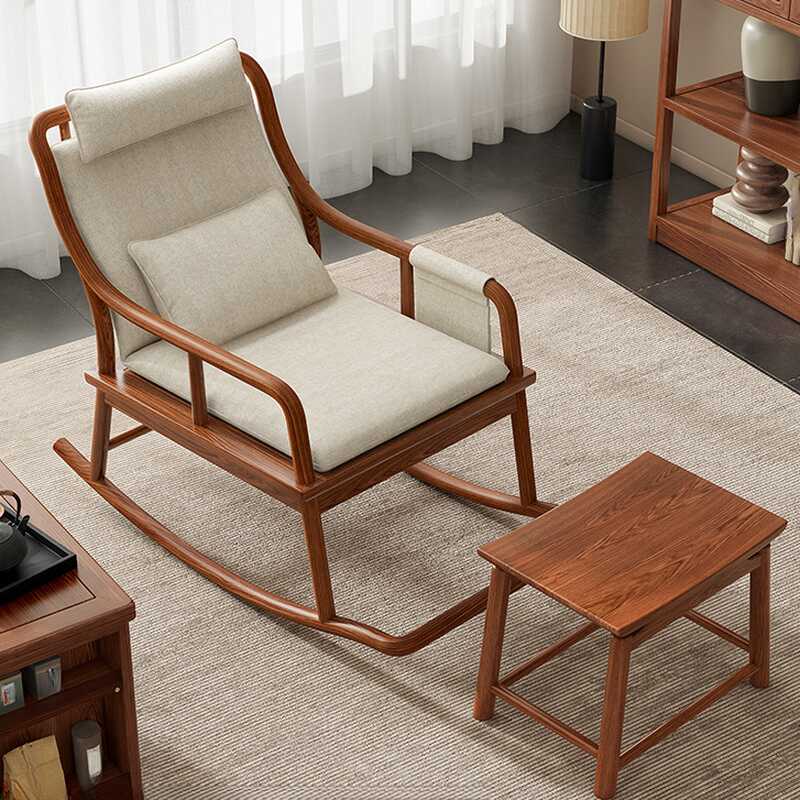 Simplistic Upholstered Rocking Chair with Ottoman, 2 Piece Set, Padded with Track Arm and Pillow