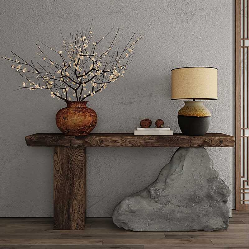 Ultra Modern Console Table Desk with Wood Scoring, Timber Top, Twin Pedestal Base, and Rectangular Shape