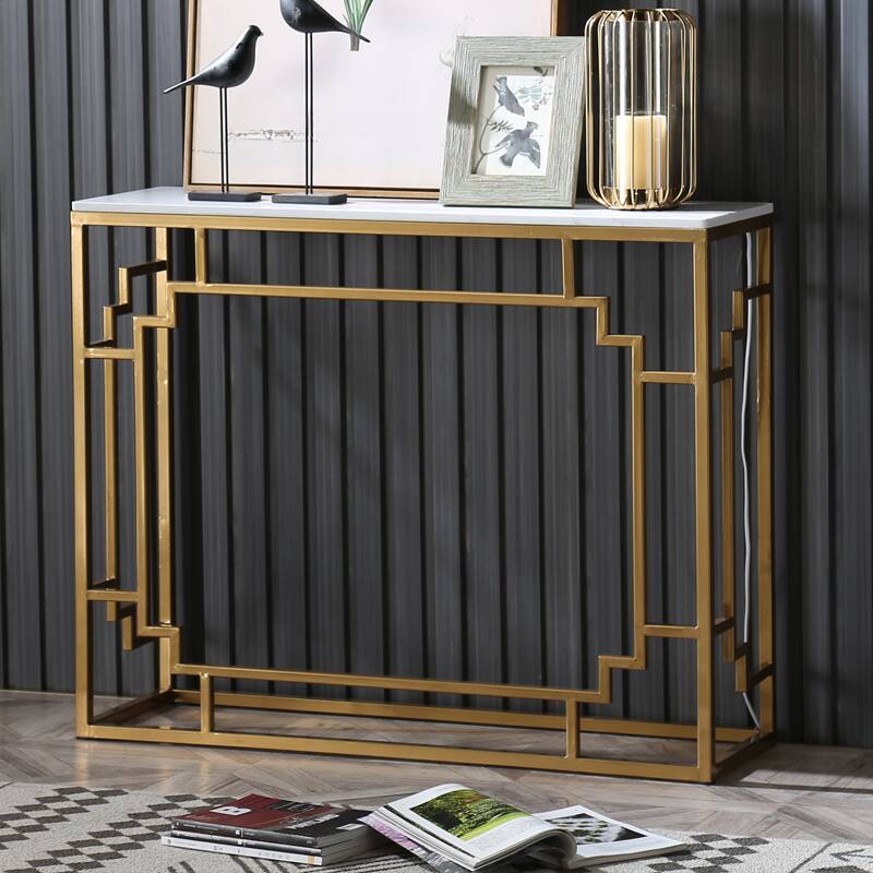 Simplistic White Stone Top Console Table Desk with Framework Base, Scratch-immune and Stain Resistant, Rectangular Shape