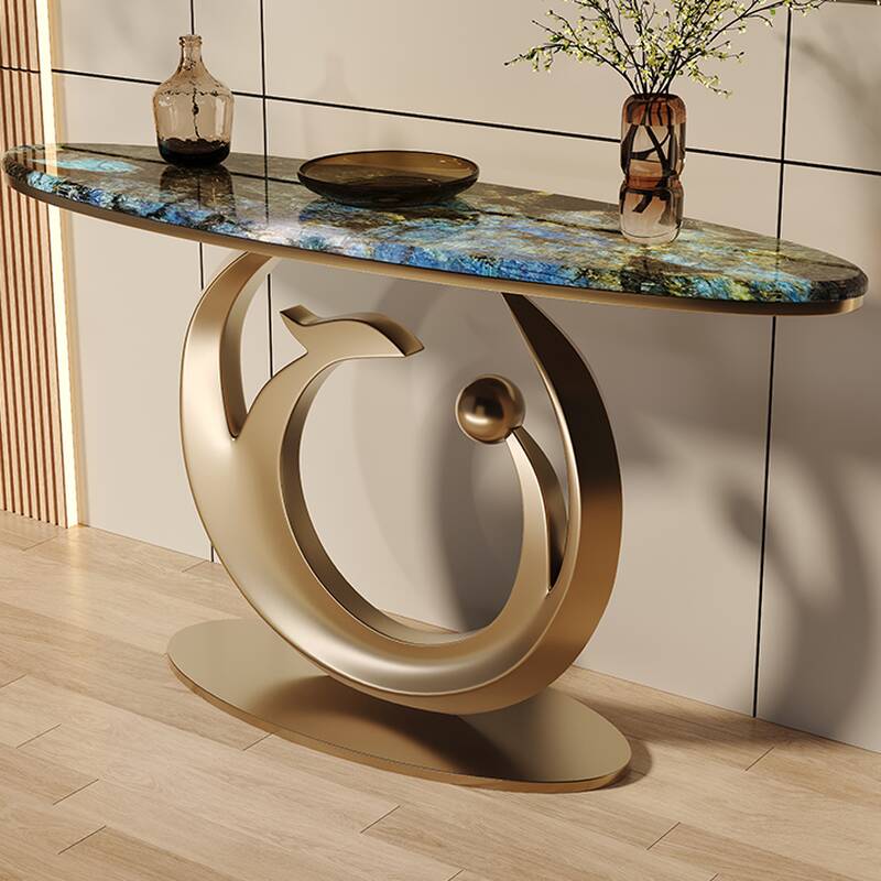 Ultra Modern Luxury Stone Console Table Desk with Oblong Top on Stump Base, Scratch-immune and Stain Resistant