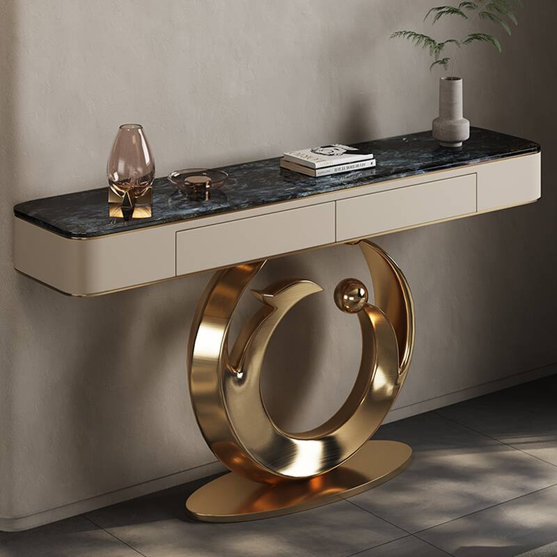 Luxury Stone Dark Blue Console Table Desk with 2 Drawers