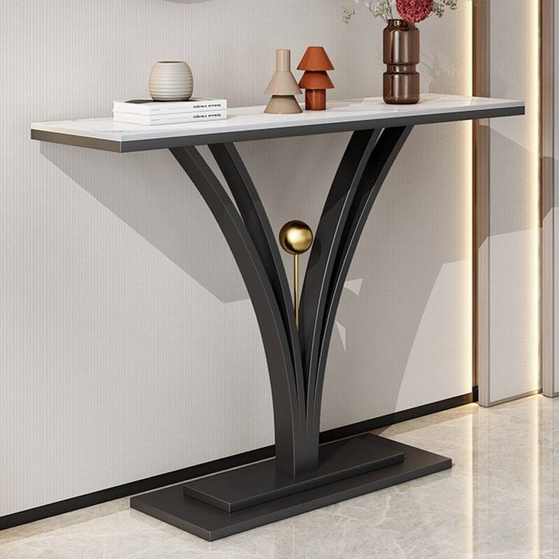 Simplistic Stone Top Console Table Desk with Stump Base, Scratch-immune, Rectangle, Stain Resistant