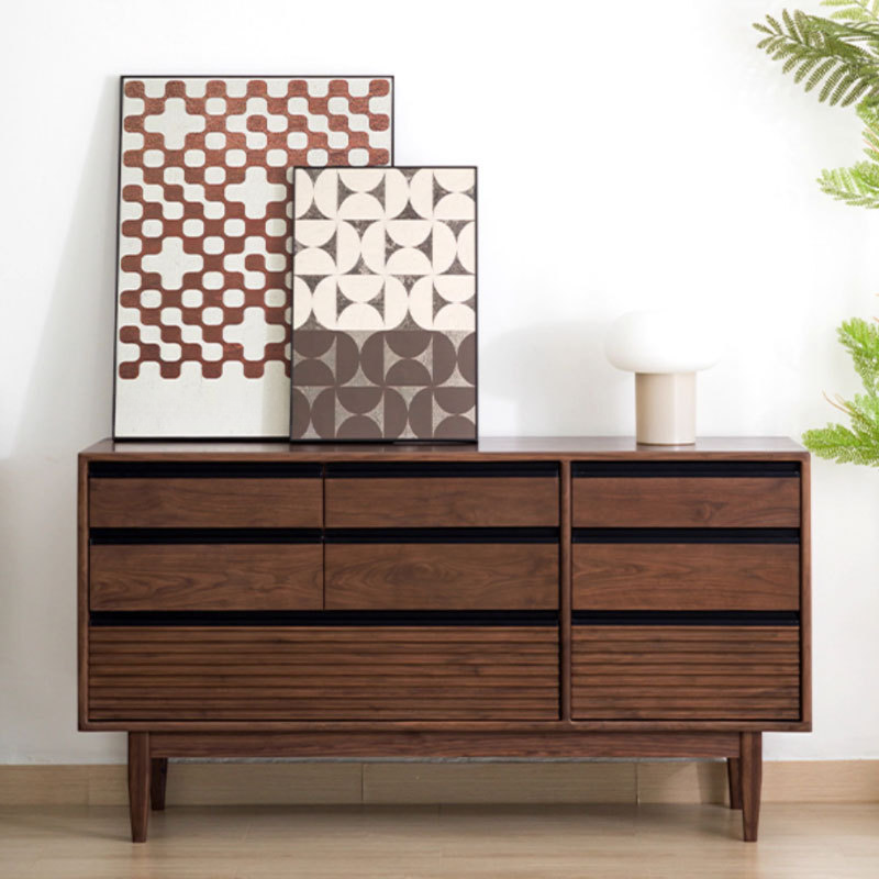 Pecan Modish Natural Wood Console Dresser with 8 Drawers, Horizontal Orientation