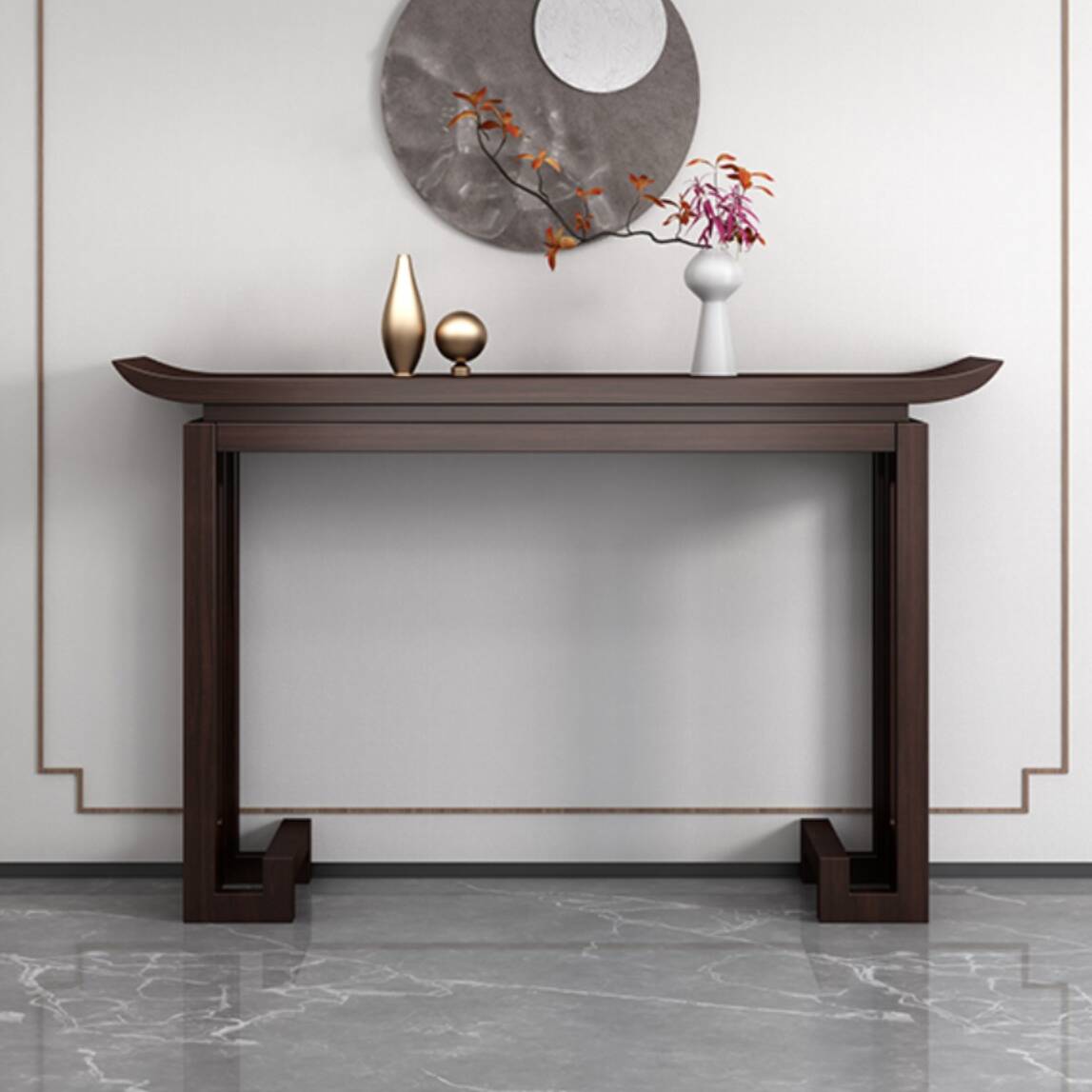 Modern Cocoa Timber Twin Pedestal Hallway Table, Rectangular Top