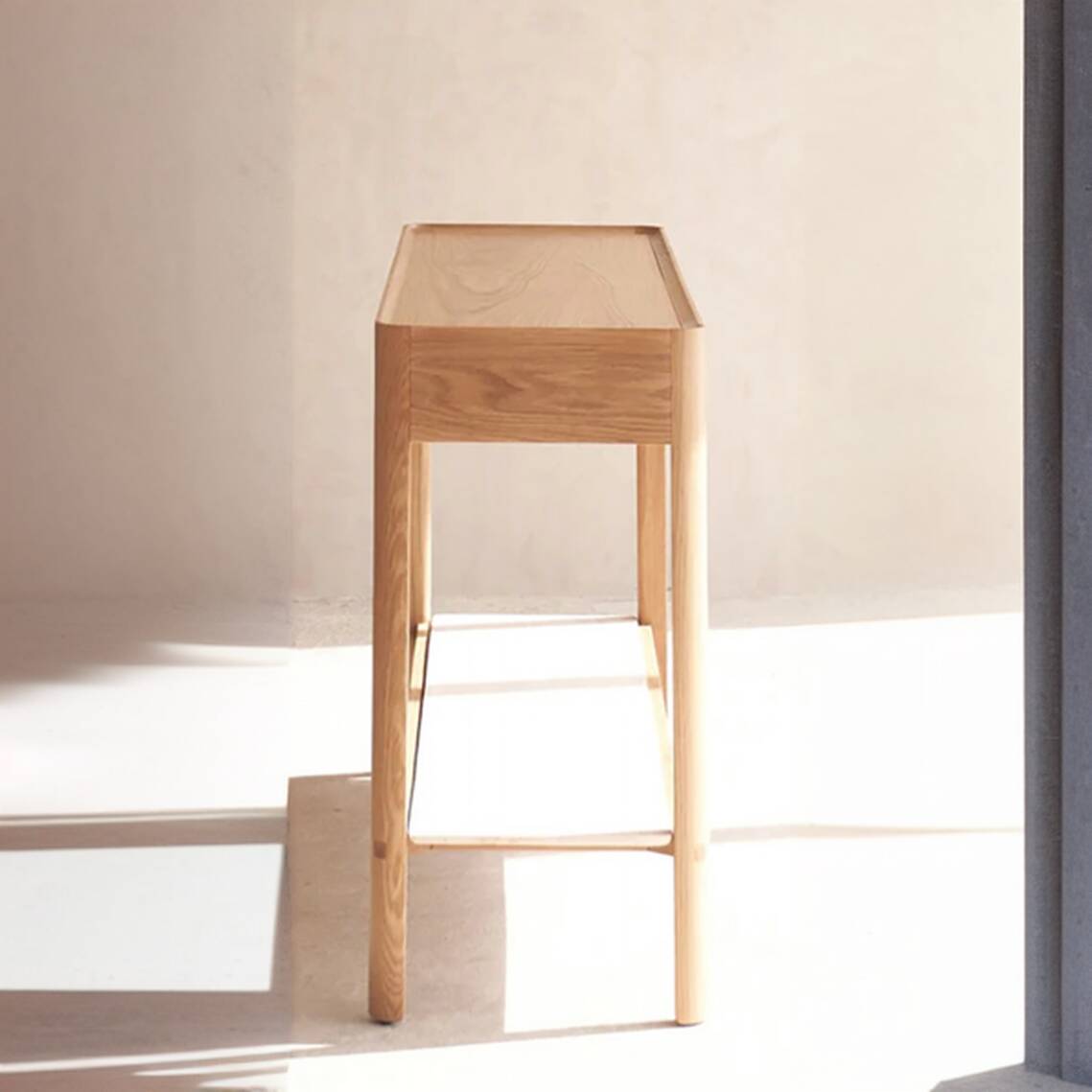Modern Console Table Desk with Four Legs, Unfinished Rectangle Top, 2 Drawers, and 1 Shelf