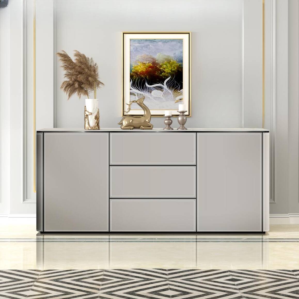 Functional Console Table Desk with 2 Cabinets, 3 Shelves, and Soft Close Drawers