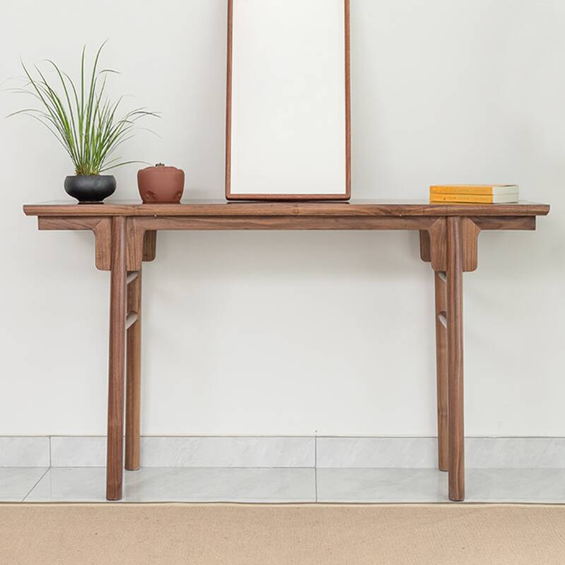 Simple Elm Wood Console Stand with Four Legs, Sepia Rectangular Top
