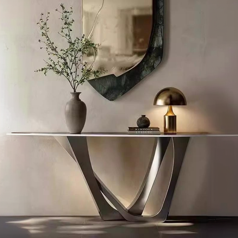 Modern Scratch-tolerant Stain Resistant Grey/White Stone Twin Pedestal Console Table Desk with Free Form Top