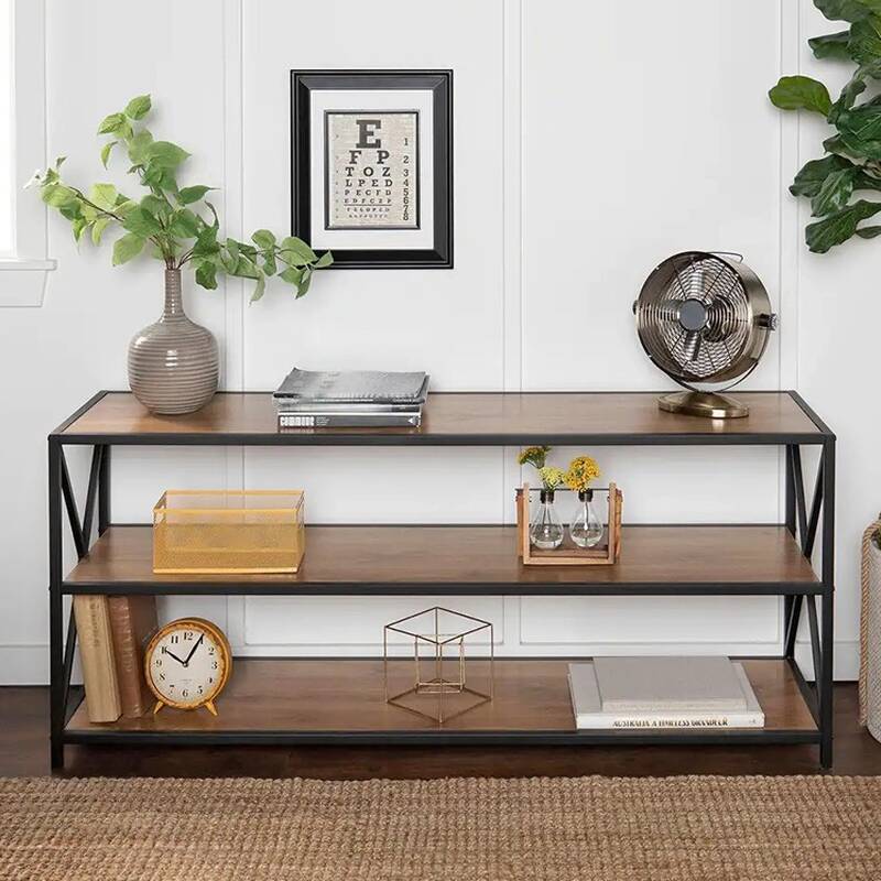 Modern Wood Console Table Desk with Four Legs, Grey/Sepia Rectangle Top and 2 Shelves