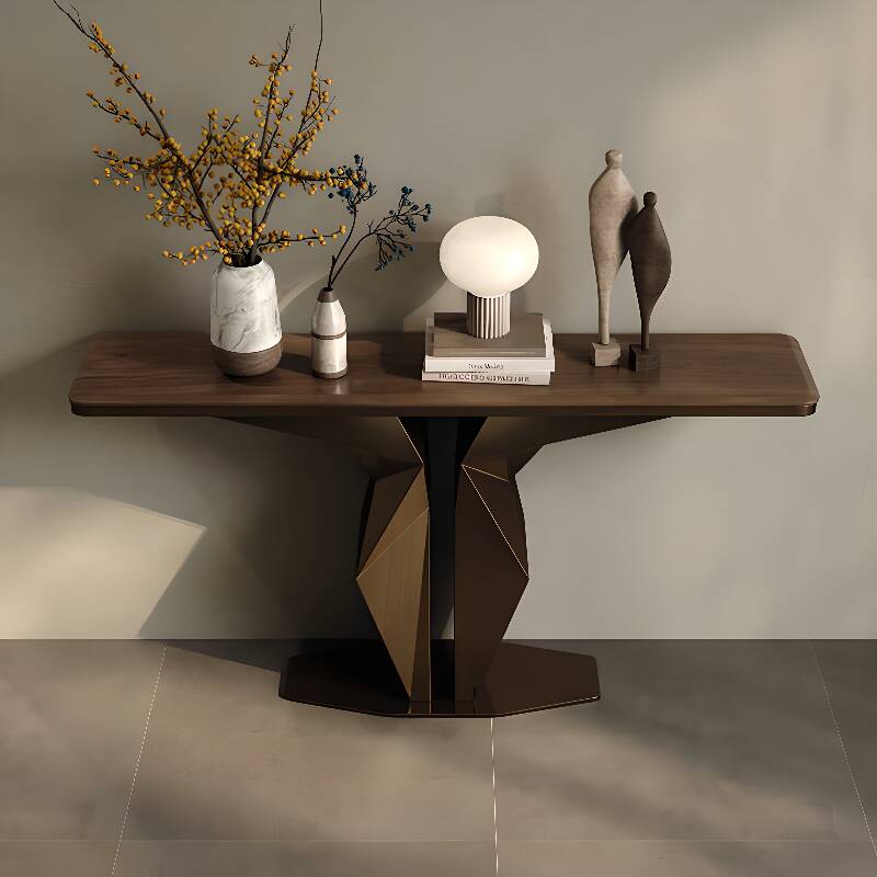 Modern Wood Console Table Desk with Stump Base in Sepia Rectangle Top