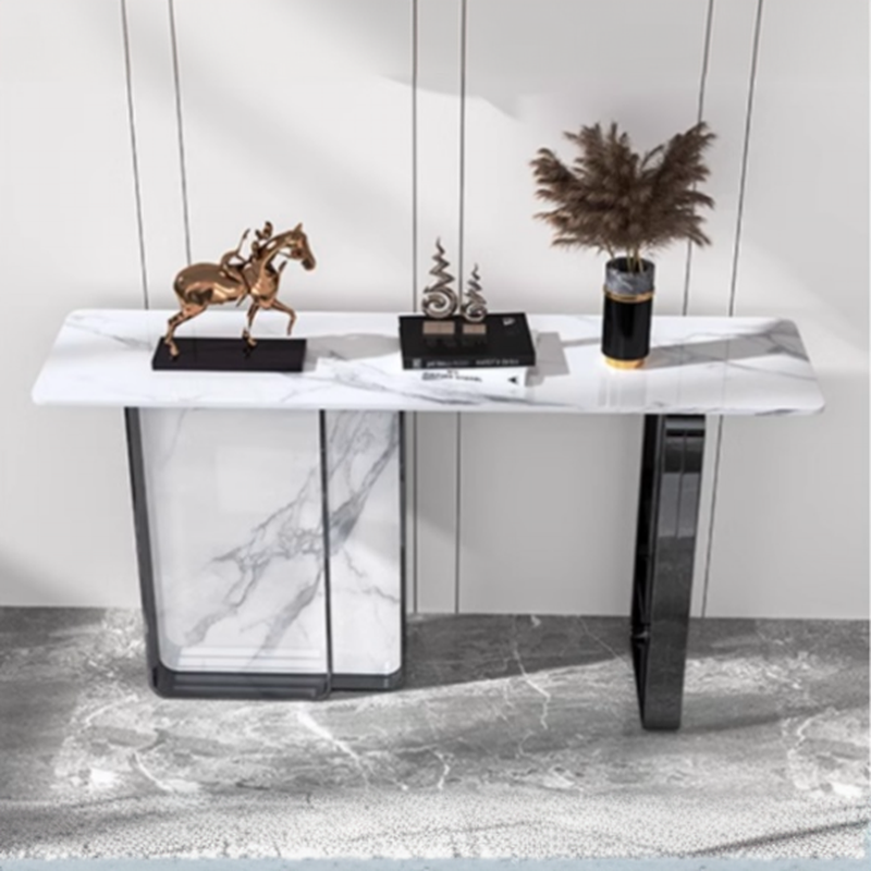 Modern Hallway Table with Scratch-proofed Chalk Sintered Stone on Twin Pedestal Base, Rectangular and Stain Resistant