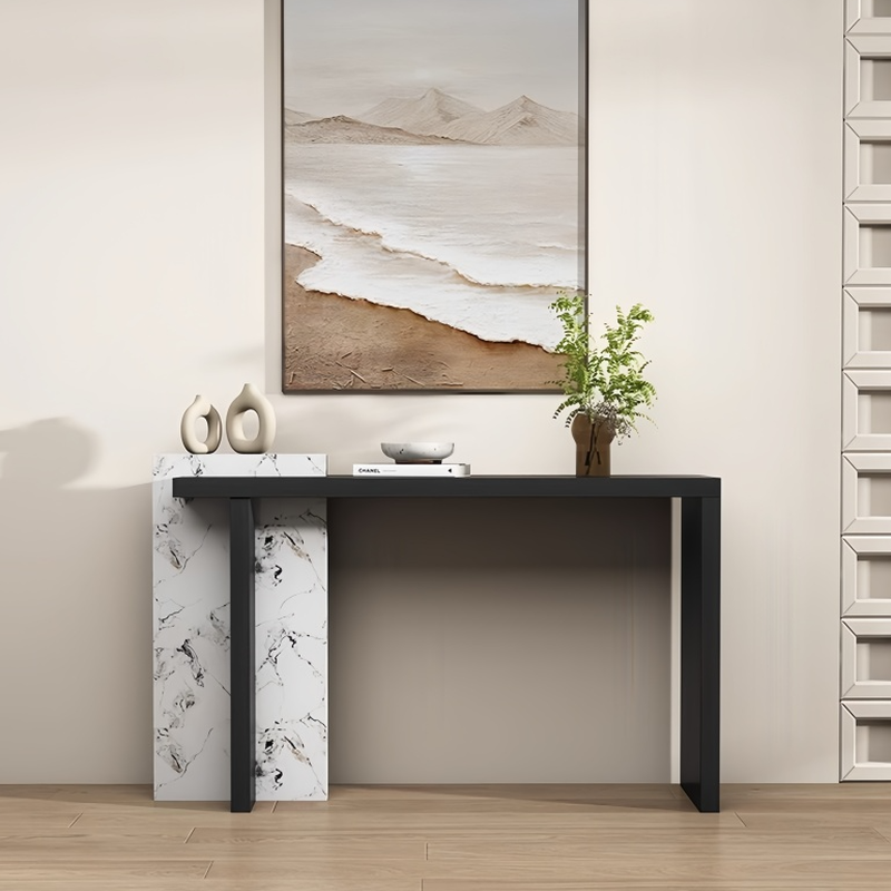 Modern Wood Console Table Desk with Twin Pedestal Base and Ink Rectangle Top