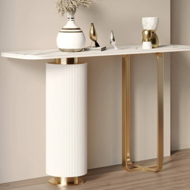 Modern White Stone Console Desk with Twin Pedestal Base, Scratch-tolerant and Stain Resistant, Rectangle Top