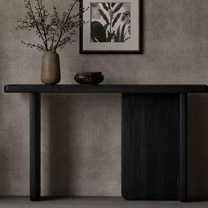 Modern Wood Console Table Desk with Twin Pedestal Base, Ink/Unfinished Colour, Rectangular Top