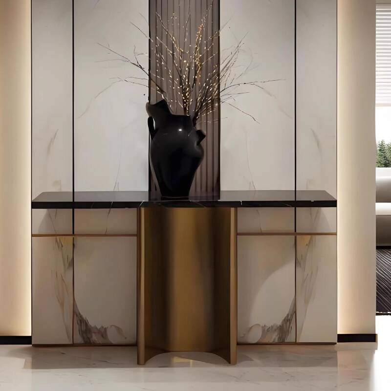 Art Deco Entry Table with Scratch-proofed Sintered Stone on Pedestal Base in Ink, Rectangle Shape, Stain Resistant