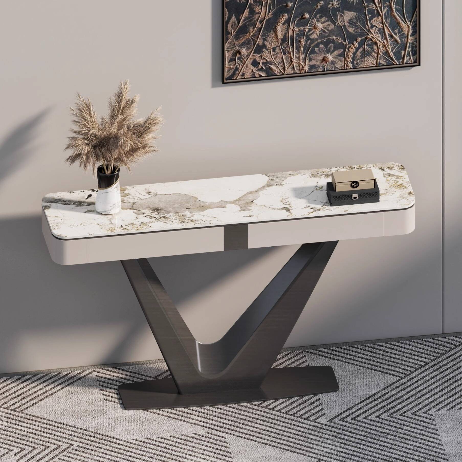 Modern Sintered Stone Pedestal Hallway Table in Chalk with Scratch-proofed and Stain Resistant Features, 2 Drawers