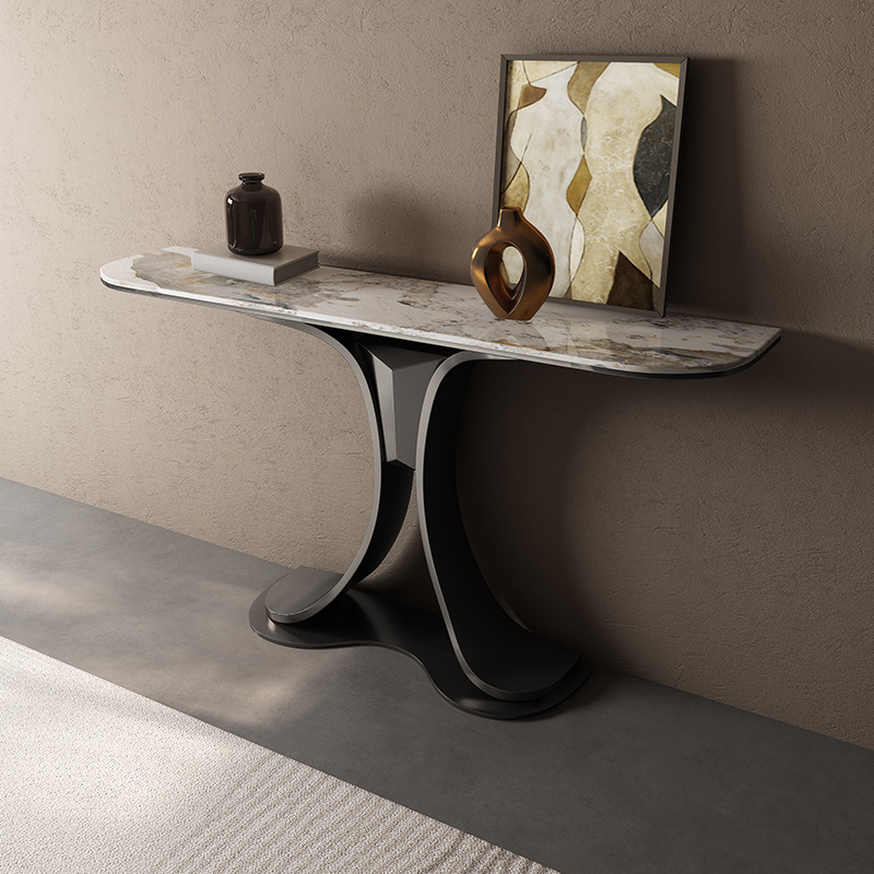 Art Deco/Modern Hallway Table with Light Brown Sintered Stone, Geometric Base, Scratch-proofed, Free Form Top