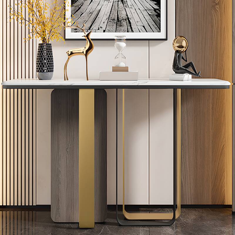 Luxurious Marble Slab Console Table Desk with Three Legs, Ink/White, Scratch-tolerant, Rectangle, Stain Resistant