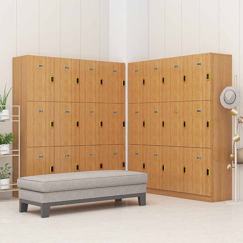 Art Deco 3-tier/4-tier/2-layer x 2-Wide/3-Wide Wood Gym & Locker Room Lockers with Nine Compartments/Eight Compartments/6 Compartments, Lock and Locker Base