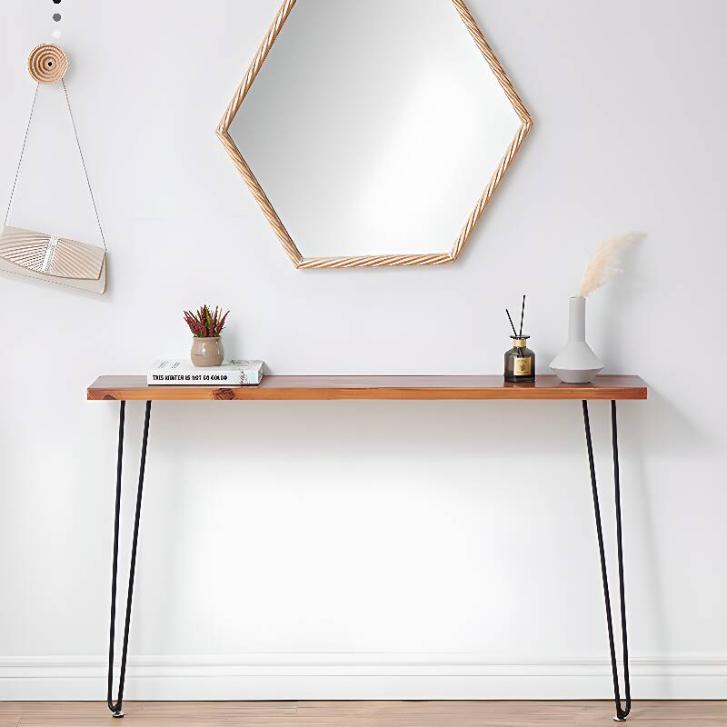 Simplistic Hallway Table with Natural Wood on Twin Pedestal, Cocoa Colour, Rectangular Shape
