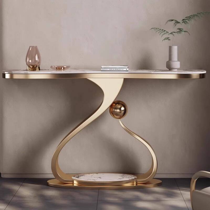 Modern Hallway Table with Scratch-proofed Chalk Sintered Stone on Pedestal Base, Free Form and Stain Resistant