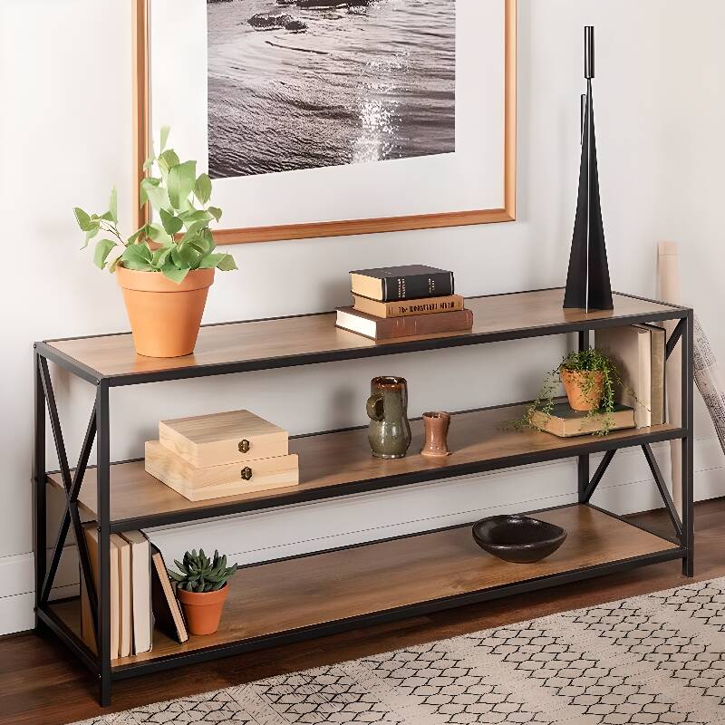 Modern Wood Console Table Desk with Four Legs and Rectangle Top, Featuring 2 Shelves