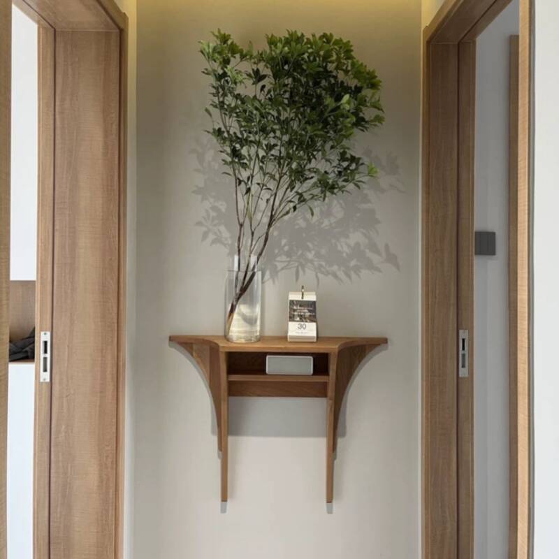 Modern Wood Console Table Desk with Twin Pedestal Base, Sepia Free Form Top, 1 Shelf