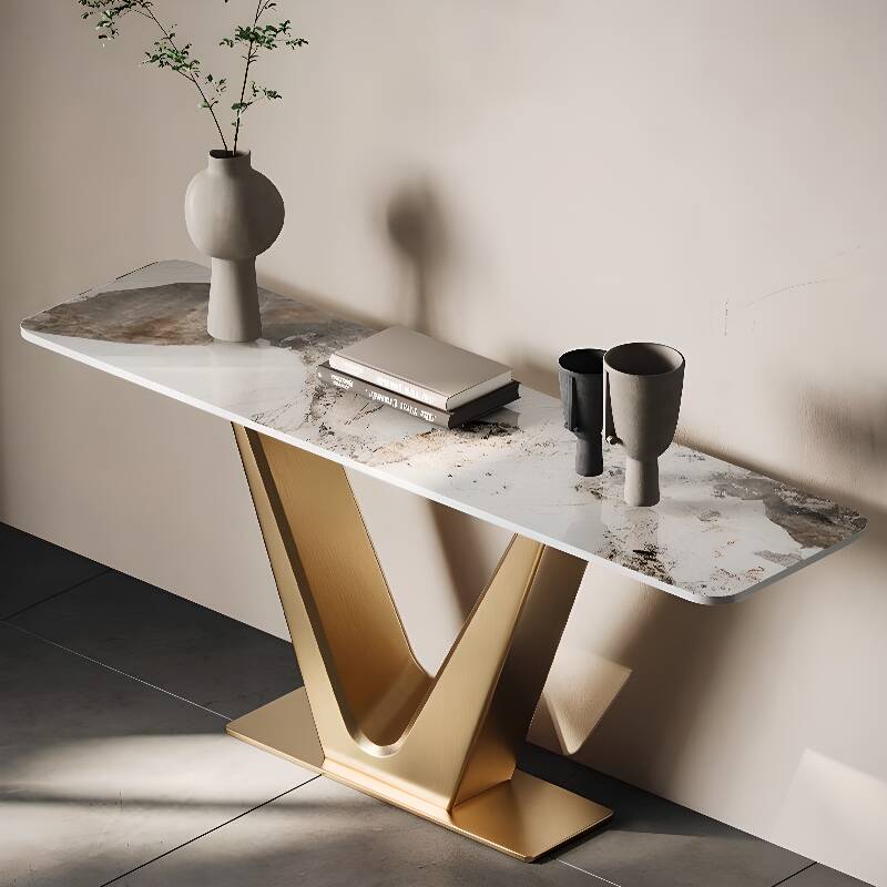 Modern Hallway Table with Scratch-proofed Chalk Sintered Stone on Pedestal Base, Rectangular and Stain Resistant