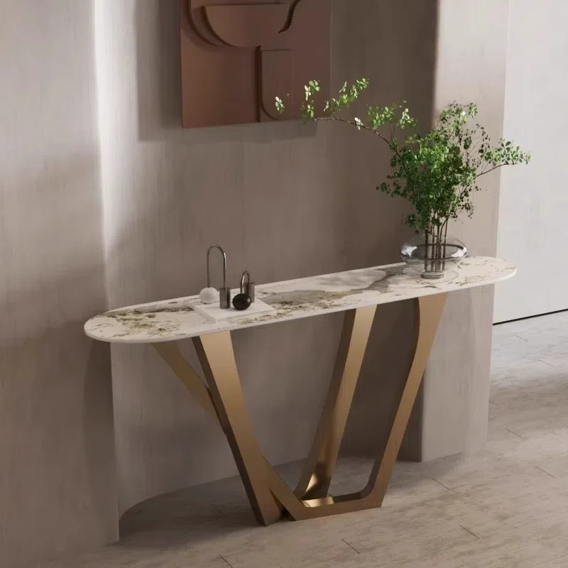 Modern Chalk Oblong Sintered Stone Hallway Table with Pedestal Base, Scratch-proofed and Stain Resistant