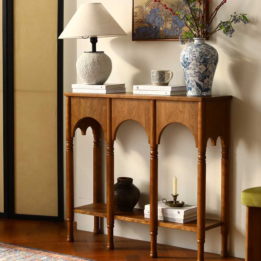 Modern Simple Style Cherry Wood Hallway Table with Legs, Ink/Taupe, Rectangular, 1 Shelf
