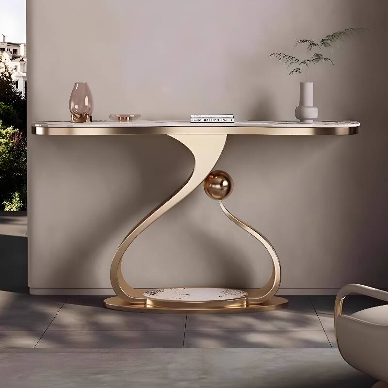 Art Deco Chalk Stone Hallway Table with Stump Base, Scratch-proofed, Live Edge, Stain Resistant