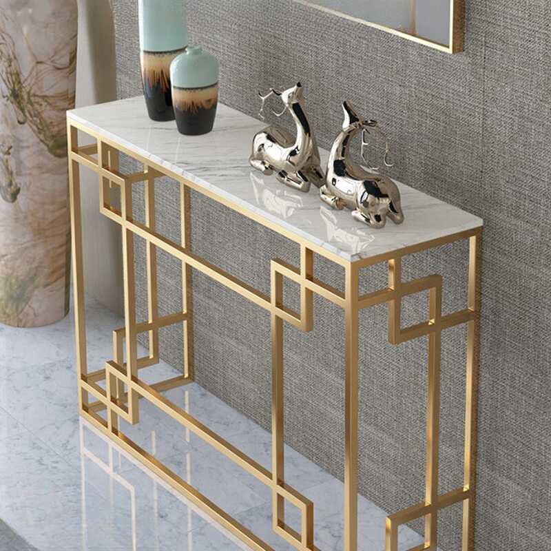 Simplistic Marble Slab Entryway Table with Framework Base, Scratch-proofed and Stain Resistant Rectangle Top