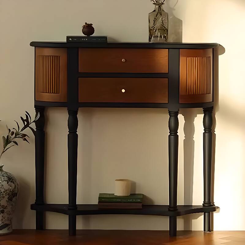 Simplistic Asymmetrical Wood Entryway Table with 2 Drawers and 2 Cabinets