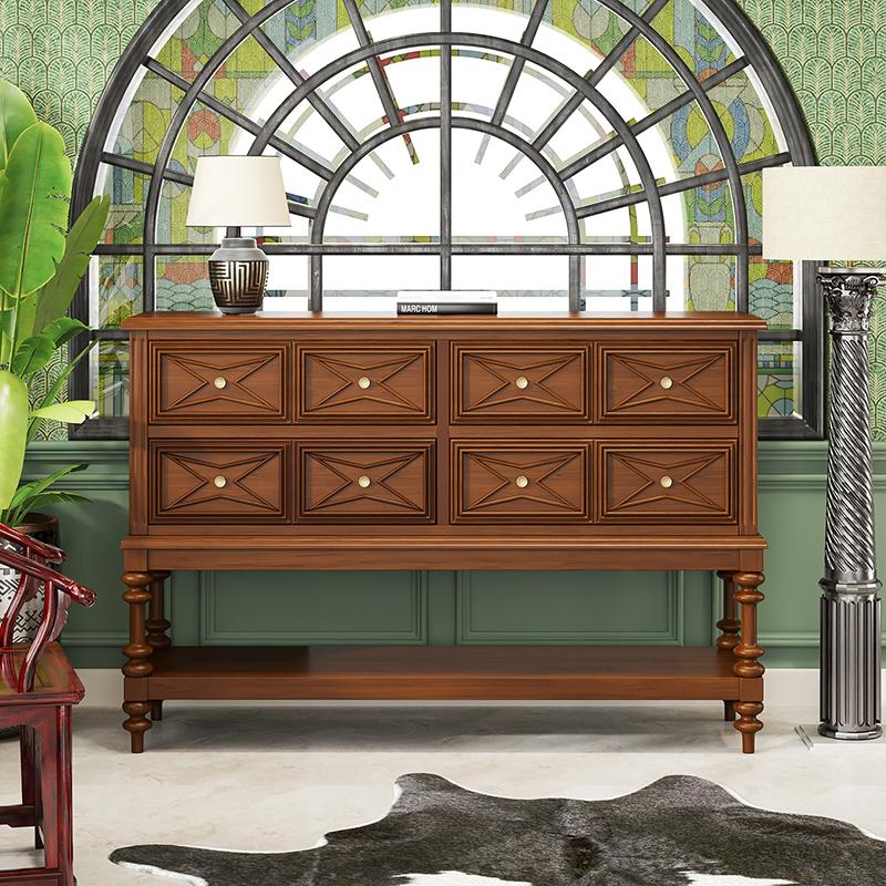 Casual Wood Entryway Table with Four Legs, Ink/Sepia Rectangle Top, 4 Drawers, and 1 Shelf