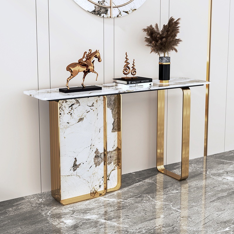 Glamorous White Stone Top Twin Pedestal Entryway Table, Scratch-proofed Rectangle, Stain Resistant