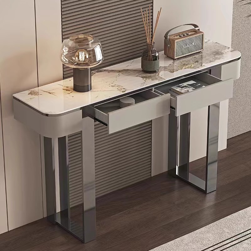 Classic/Lavish Stone White/Azure Console Table with Soft Close Drawers & Dual-base, Scratch-proofed & Stain Resistant