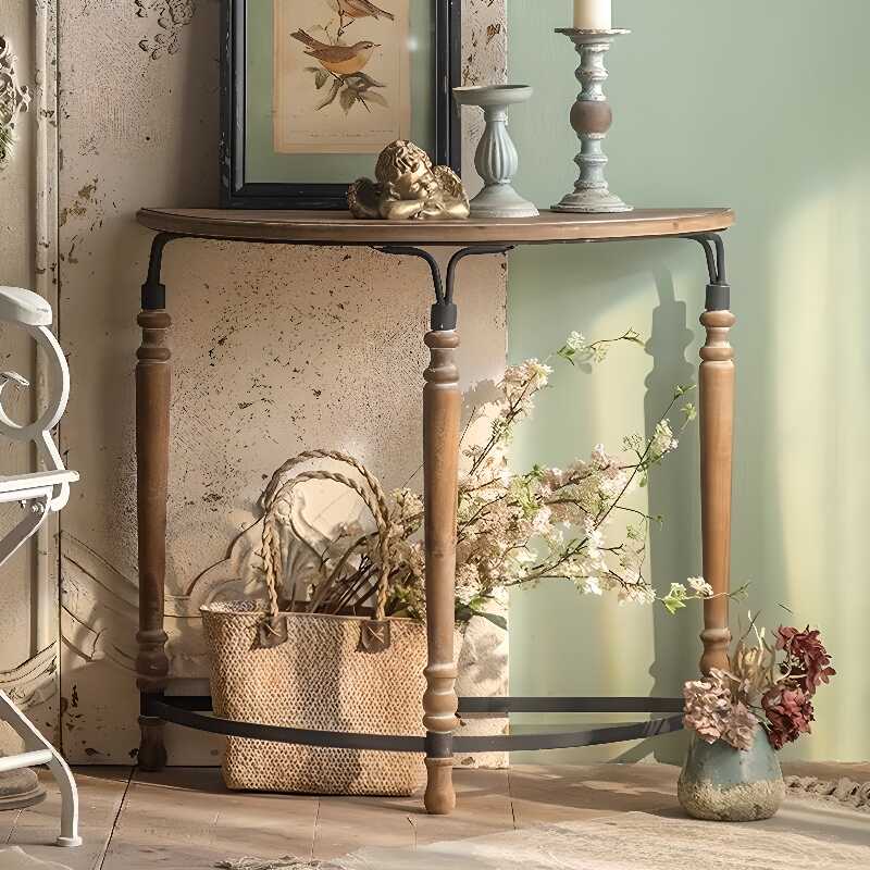 Wood Scoring Timber Three Legs Hallway Table with Semi Circle Top