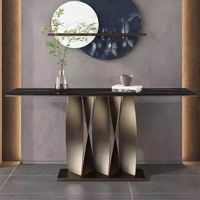Casual Stone Entryway Table with Pedestal Base, Rectangle Scratch-proofed and Stain Resistant Top
