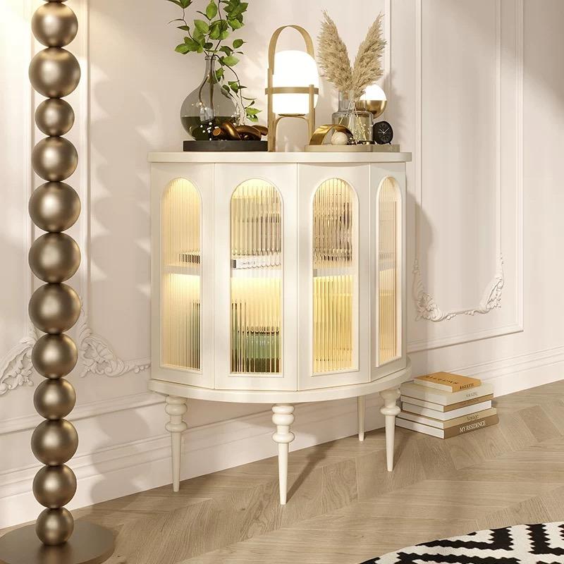 Timber Semi Circle Console Table Desk with 3 Cabinets and 2 Shelves