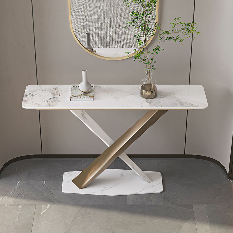 Luxurious White Stone Stump Base Console Table Desk with Scratch-tolerant and Stain Resistant Rectangle Top