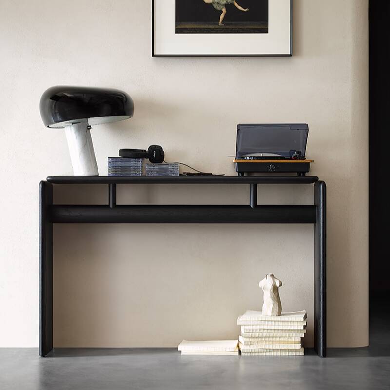 Simplistic Wood Entryway Table with Twin Pedestal Base in Ink, Rectangle Top