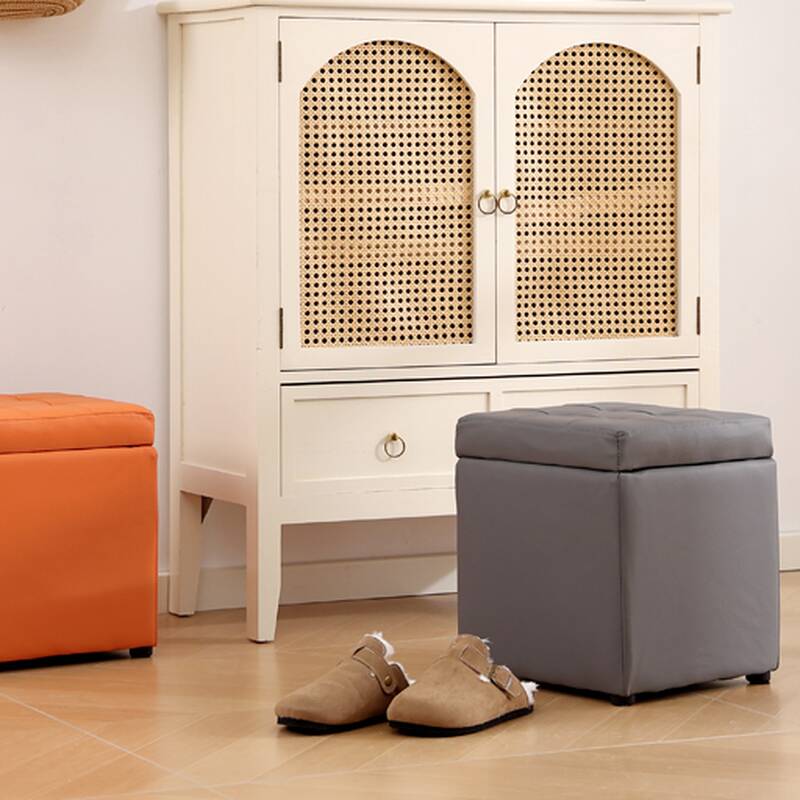 Modern Simple Style Square Ottoman with Pleather Upholstery and Storage