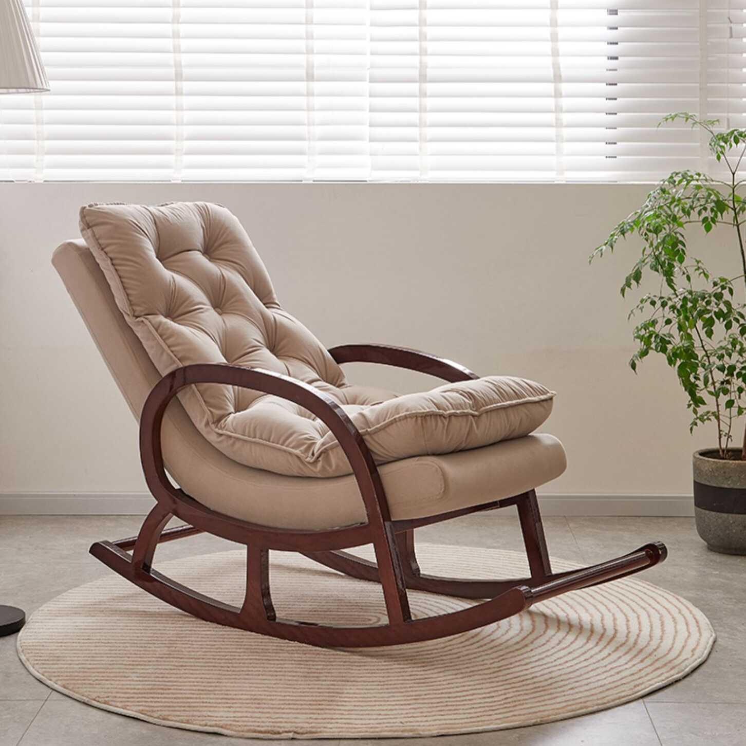 Grey/Blush/Light Green Modish Upholstered Rocking Accent Chair with Round Arm